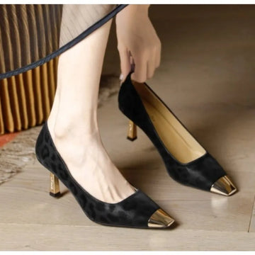 Xajzpa New Style Luxury Women's Fashion HIgh Heels for Women Shallow-Mouth Single Shoes Leather Sheepskin Leopard Print Shoes